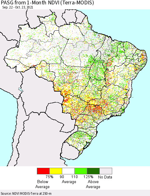 Brazil PASG from 1-Month NDVI (Terra-MODIS) Thematic Map For 10/16/2021 - 10/23/2021
