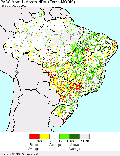Brazil PASG from 1-Month NDVI (Terra-MODIS) Thematic Map For 10/24/2021 - 10/31/2021