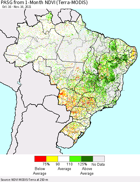 Brazil PASG from 1-Month NDVI (Terra-MODIS) Thematic Map For 11/9/2021 - 11/16/2021