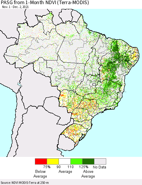 Brazil PASG from 1-Month NDVI (Terra-MODIS) Thematic Map For 11/25/2021 - 12/2/2021
