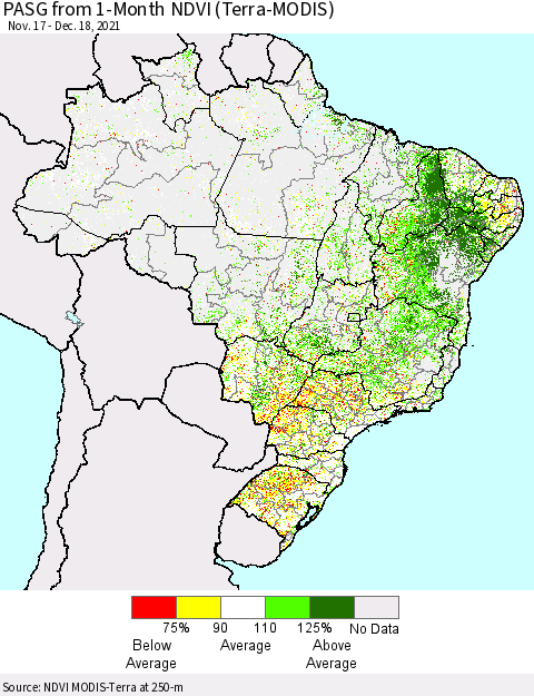 Brazil PASG from 1-Month NDVI (Terra-MODIS) Thematic Map For 12/11/2021 - 12/18/2021