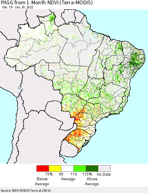 Brazil PASG from 1-Month NDVI (Terra-MODIS) Thematic Map For 1/9/2022 - 1/16/2022