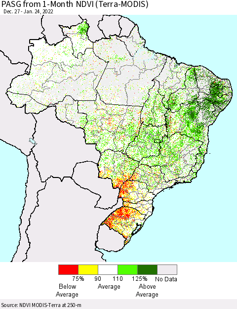 Brazil PASG from 1-Month NDVI (Terra-MODIS) Thematic Map For 1/17/2022 - 1/24/2022