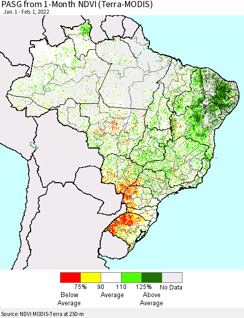 Brazil PASG from 1-Month NDVI (Terra-MODIS) Thematic Map For 1/25/2022 - 2/1/2022