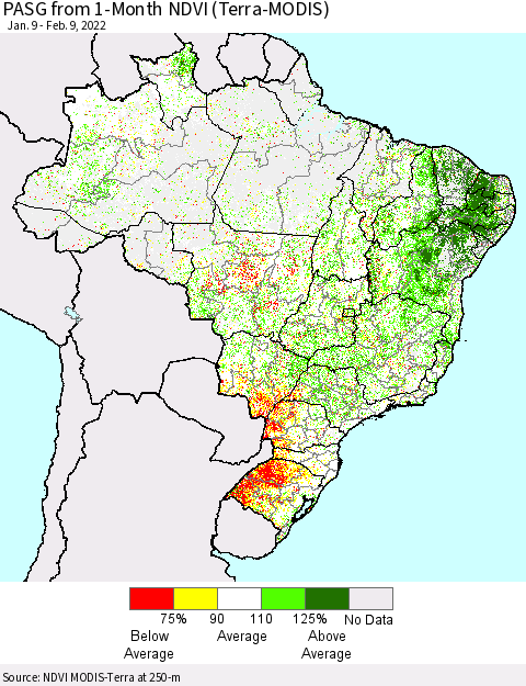 Brazil PASG from 1-Month NDVI (Terra-MODIS) Thematic Map For 2/2/2022 - 2/9/2022