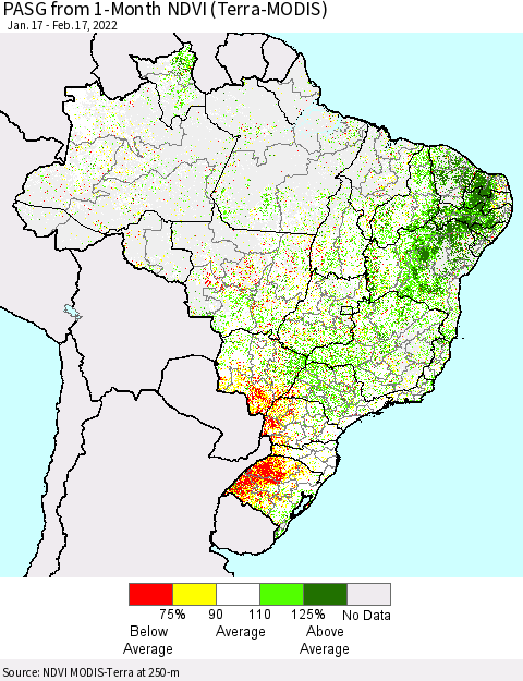 Brazil PASG from 1-Month NDVI (Terra-MODIS) Thematic Map For 2/10/2022 - 2/17/2022