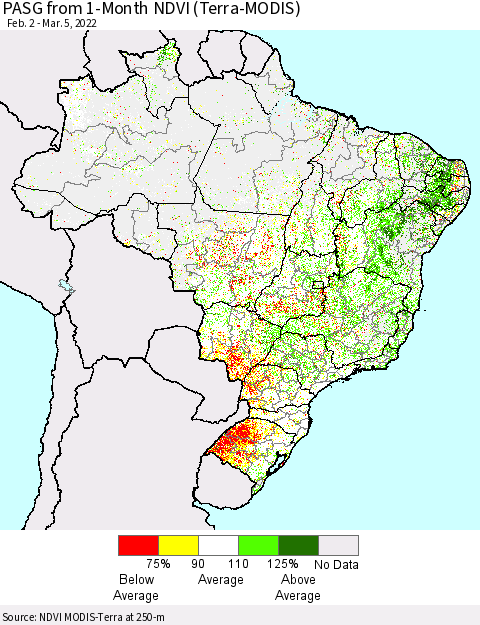 Brazil PASG from 1-Month NDVI (Terra-MODIS) Thematic Map For 2/26/2022 - 3/5/2022
