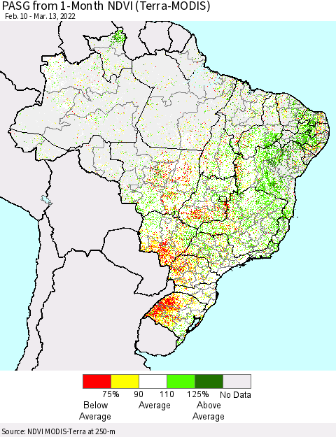 Brazil PASG from 1-Month NDVI (Terra-MODIS) Thematic Map For 3/6/2022 - 3/13/2022