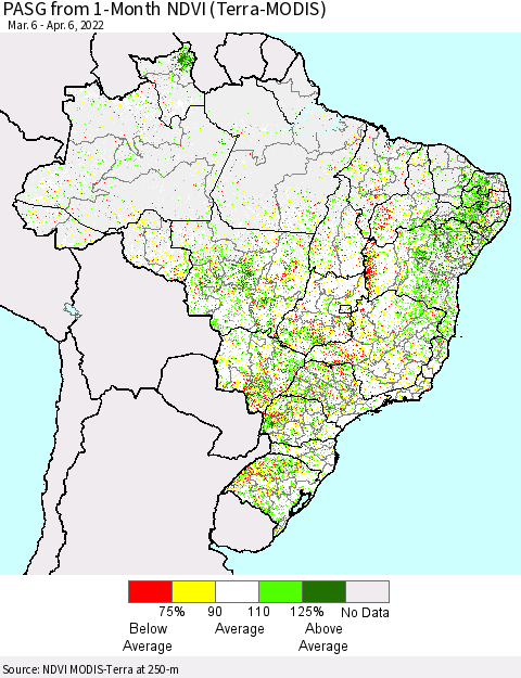 Brazil PASG from 1-Month NDVI (Terra-MODIS) Thematic Map For 3/30/2022 - 4/6/2022