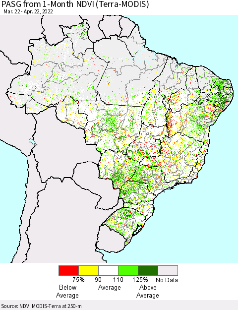 Brazil PASG from 1-Month NDVI (Terra-MODIS) Thematic Map For 4/15/2022 - 4/22/2022