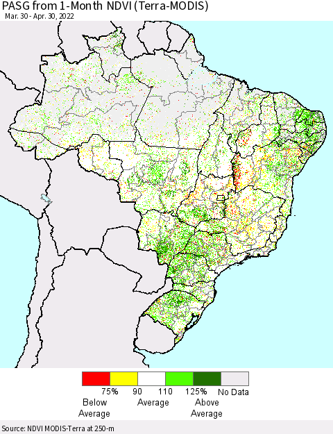 Brazil PASG from 1-Month NDVI (Terra-MODIS) Thematic Map For 4/23/2022 - 4/30/2022