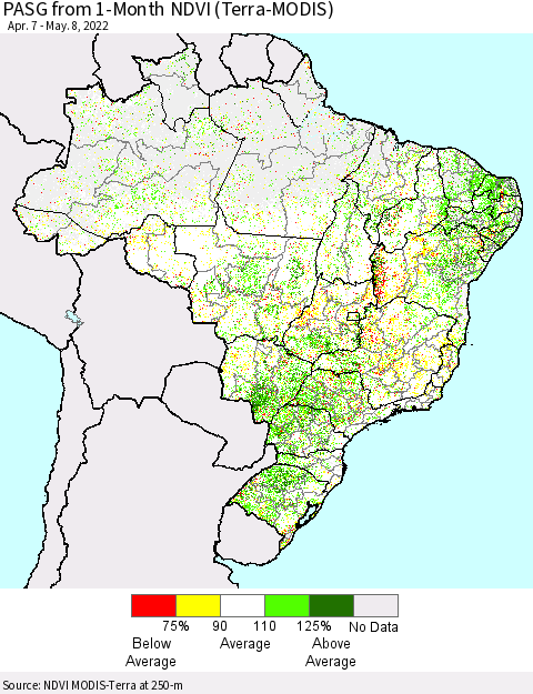 Brazil PASG from 1-Month NDVI (Terra-MODIS) Thematic Map For 5/1/2022 - 5/8/2022