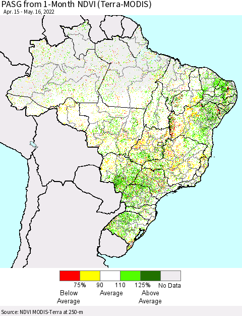 Brazil PASG from 1-Month NDVI (Terra-MODIS) Thematic Map For 5/9/2022 - 5/16/2022