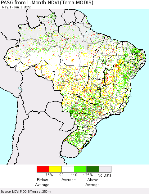 Brazil PASG from 1-Month NDVI (Terra-MODIS) Thematic Map For 5/25/2022 - 6/1/2022
