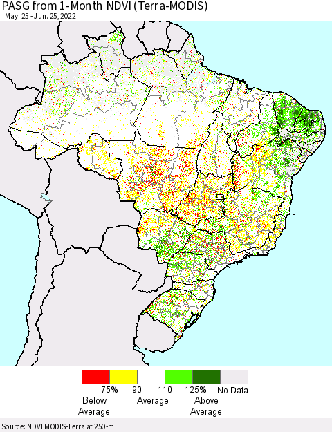 Brazil PASG from 1-Month NDVI (Terra-MODIS) Thematic Map For 6/18/2022 - 6/25/2022