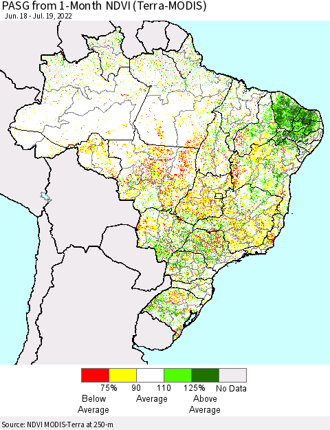 Brazil PASG from 1-Month NDVI (Terra-MODIS) Thematic Map For 7/12/2022 - 7/19/2022