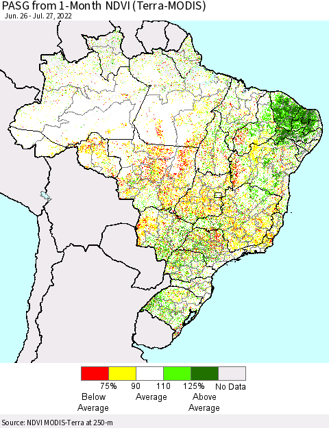 Brazil PASG from 1-Month NDVI (Terra-MODIS) Thematic Map For 7/20/2022 - 7/27/2022