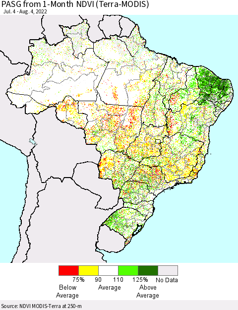 Brazil PASG from 1-Month NDVI (Terra-MODIS) Thematic Map For 7/28/2022 - 8/4/2022