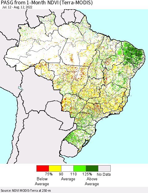 Brazil PASG from 1-Month NDVI (Terra-MODIS) Thematic Map For 8/5/2022 - 8/12/2022