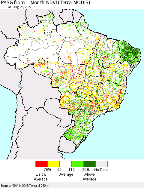 Brazil PASG from 1-Month NDVI (Terra-MODIS) Thematic Map For 8/13/2022 - 8/20/2022