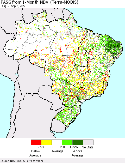 Brazil PASG from 1-Month NDVI (Terra-MODIS) Thematic Map For 8/29/2022 - 9/5/2022
