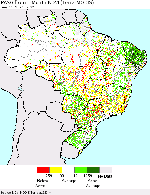 Brazil PASG from 1-Month NDVI (Terra-MODIS) Thematic Map For 9/6/2022 - 9/13/2022
