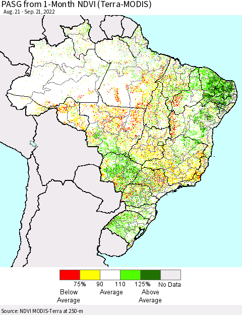 Brazil PASG from 1-Month NDVI (Terra-MODIS) Thematic Map For 9/14/2022 - 9/21/2022