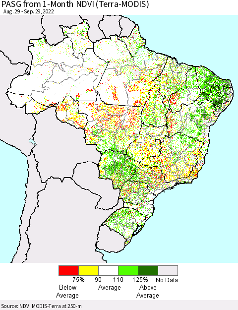 Brazil PASG from 1-Month NDVI (Terra-MODIS) Thematic Map For 9/22/2022 - 9/29/2022