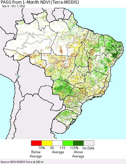 Brazil PASG from 1-Month NDVI (Terra-MODIS) Thematic Map For 9/30/2022 - 10/7/2022