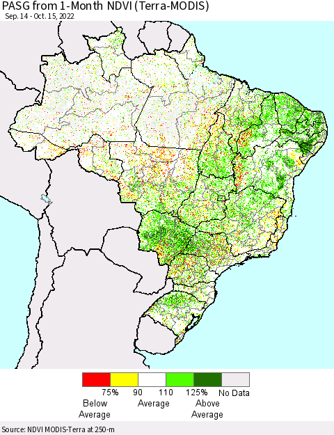 Brazil PASG from 1-Month NDVI (Terra-MODIS) Thematic Map For 10/8/2022 - 10/15/2022