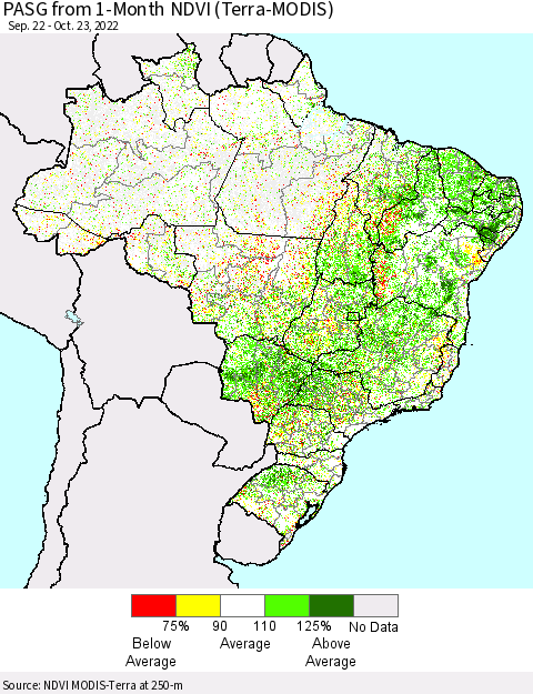 Brazil PASG from 1-Month NDVI (Terra-MODIS) Thematic Map For 10/16/2022 - 10/23/2022