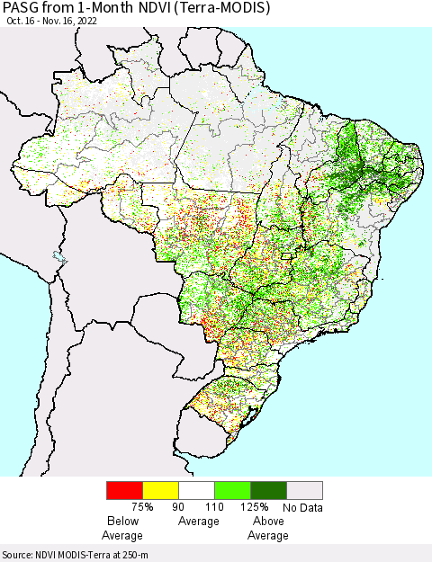 Brazil PASG from 1-Month NDVI (Terra-MODIS) Thematic Map For 11/9/2022 - 11/16/2022