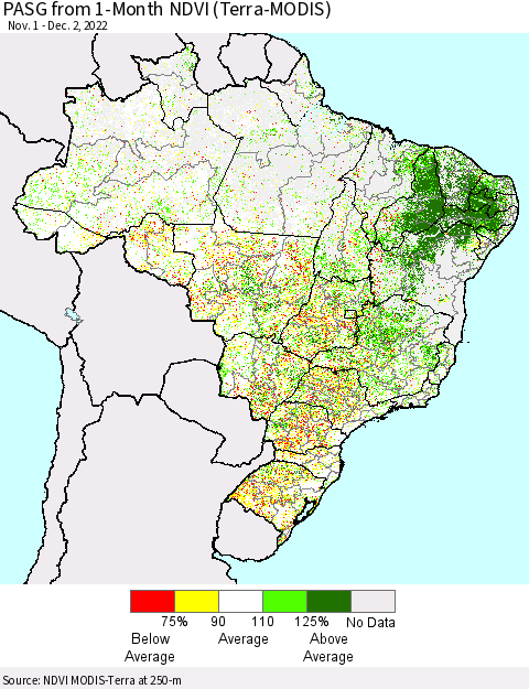 Brazil PASG from 1-Month NDVI (Terra-MODIS) Thematic Map For 11/25/2022 - 12/2/2022