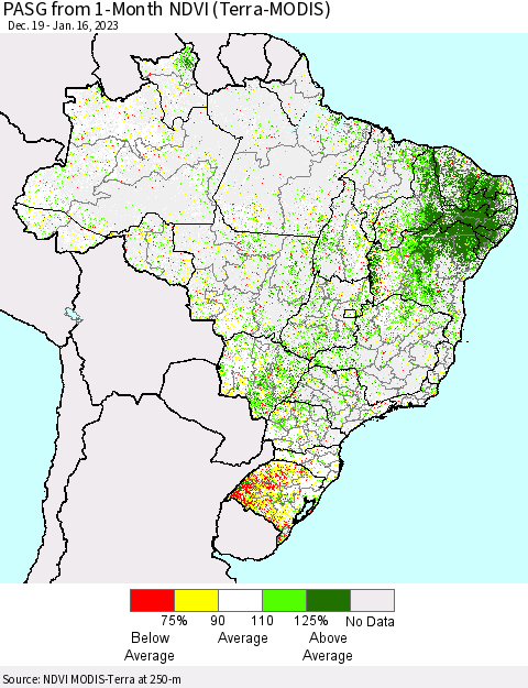 Brazil PASG from 1-Month NDVI (Terra-MODIS) Thematic Map For 1/9/2023 - 1/16/2023
