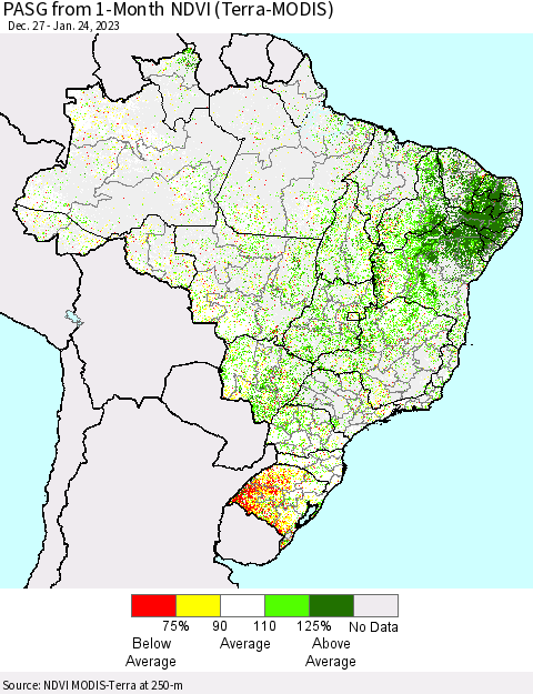Brazil PASG from 1-Month NDVI (Terra-MODIS) Thematic Map For 1/17/2023 - 1/24/2023