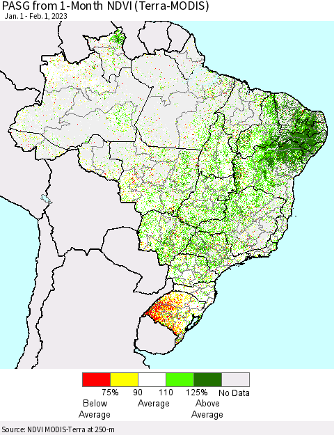 Brazil PASG from 1-Month NDVI (Terra-MODIS) Thematic Map For 1/25/2023 - 2/1/2023