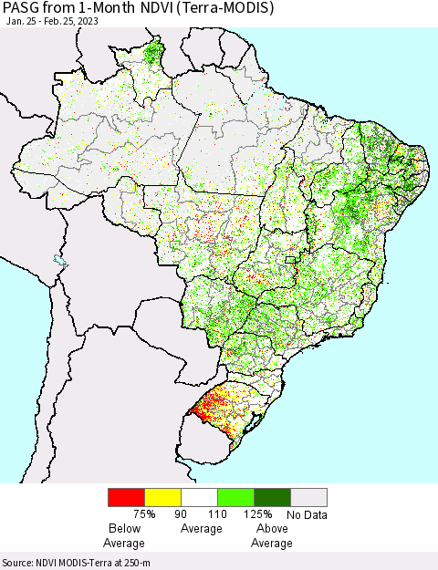 Brazil PASG from 1-Month NDVI (Terra-MODIS) Thematic Map For 2/18/2023 - 2/25/2023