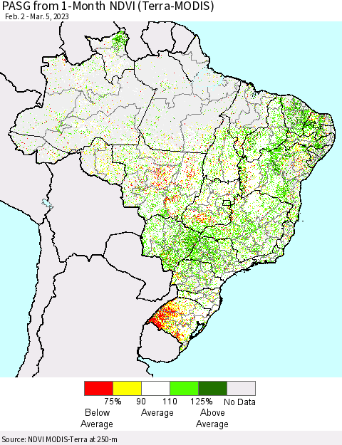 Brazil PASG from 1-Month NDVI (Terra-MODIS) Thematic Map For 2/26/2023 - 3/5/2023