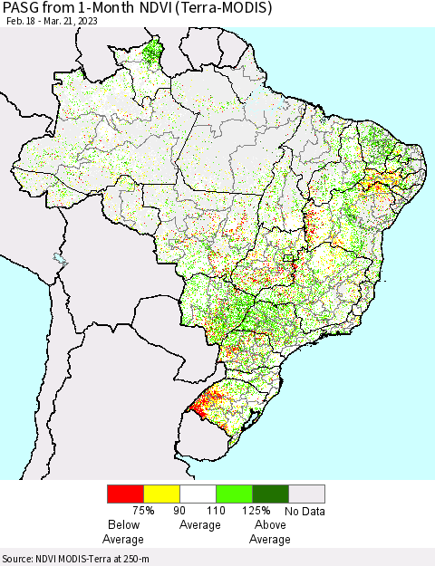 Brazil PASG from 1-Month NDVI (Terra-MODIS) Thematic Map For 3/14/2023 - 3/21/2023