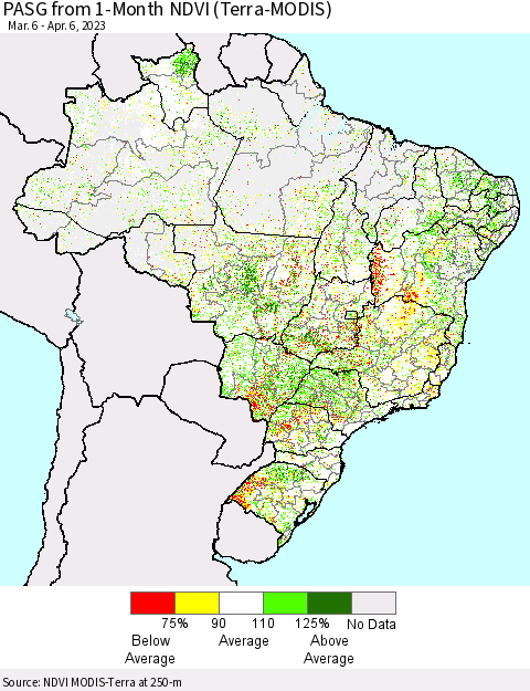 Brazil PASG from 1-Month NDVI (Terra-MODIS) Thematic Map For 3/30/2023 - 4/6/2023