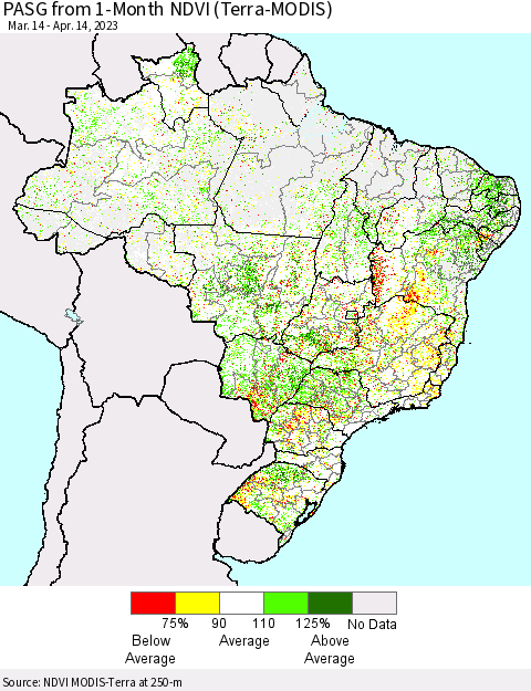 Brazil PASG from 1-Month NDVI (Terra-MODIS) Thematic Map For 4/7/2023 - 4/14/2023