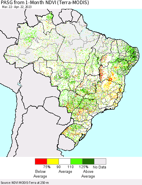 Brazil PASG from 1-Month NDVI (Terra-MODIS) Thematic Map For 4/15/2023 - 4/22/2023