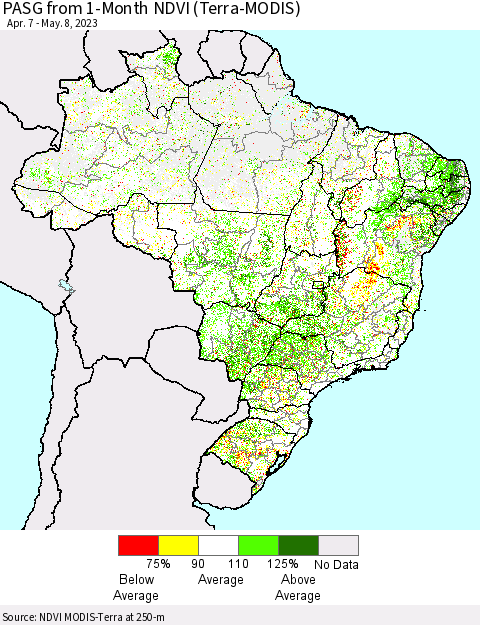Brazil PASG from 1-Month NDVI (Terra-MODIS) Thematic Map For 5/1/2023 - 5/8/2023