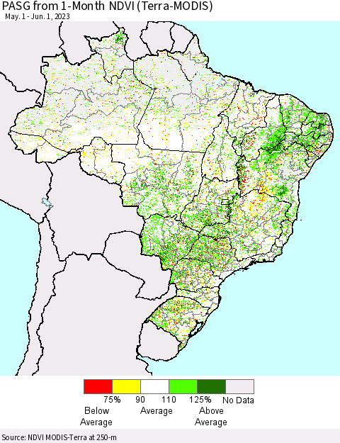 Brazil PASG from 1-Month NDVI (Terra-MODIS) Thematic Map For 5/25/2023 - 6/1/2023