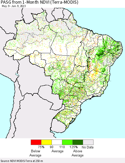 Brazil PASG from 1-Month NDVI (Terra-MODIS) Thematic Map For 6/2/2023 - 6/9/2023