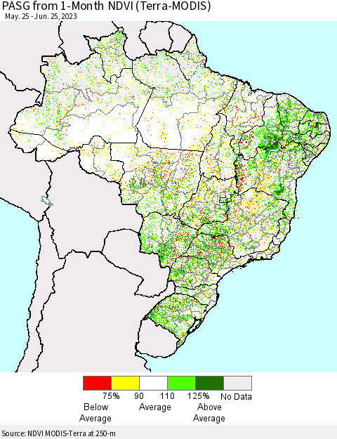 Brazil PASG from 1-Month NDVI (Terra-MODIS) Thematic Map For 6/18/2023 - 6/25/2023