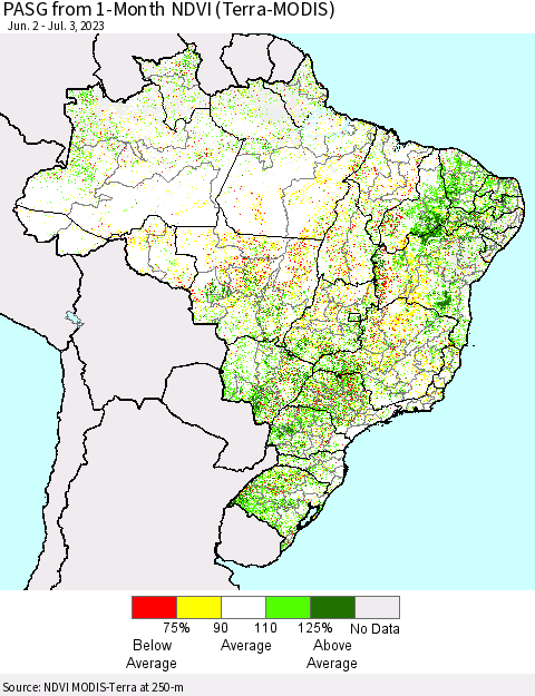 Brazil PASG from 1-Month NDVI (Terra-MODIS) Thematic Map For 6/26/2023 - 7/3/2023