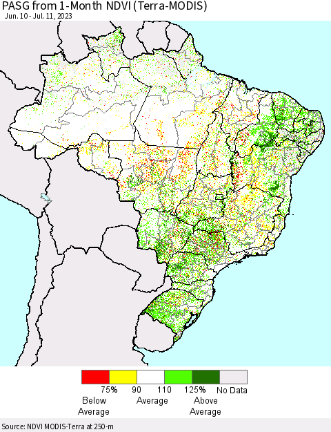 Brazil PASG from 1-Month NDVI (Terra-MODIS) Thematic Map For 7/4/2023 - 7/11/2023