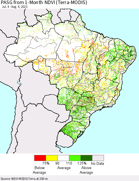 Brazil PASG from 1-Month NDVI (Terra-MODIS) Thematic Map For 7/28/2023 - 8/4/2023