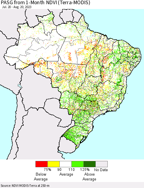 Brazil PASG from 1-Month NDVI (Terra-MODIS) Thematic Map For 8/13/2023 - 8/20/2023